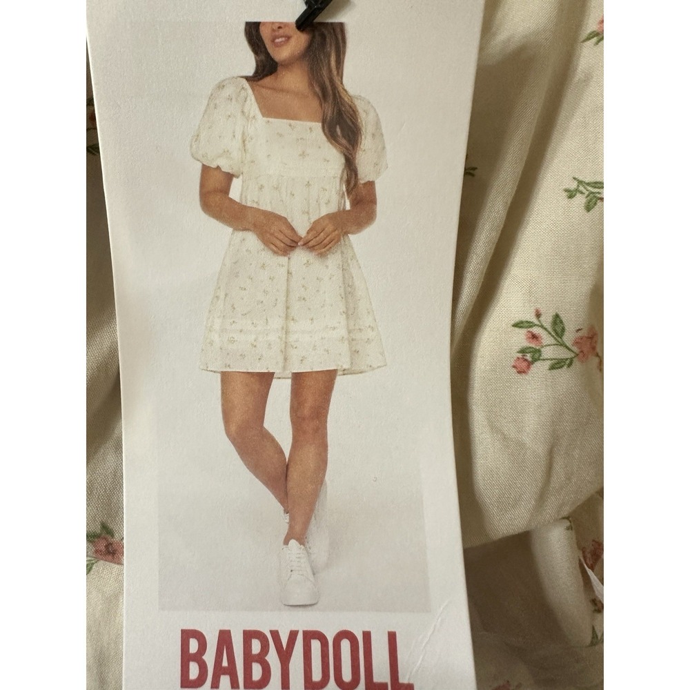 Women's Ivory Pink Green Floral Puff‎ Sleeve Square Neck Tie Babydoll Dress